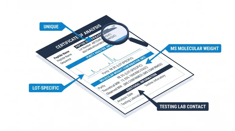 Example of a lot-specific Certificate of Analysis for a research peptide, highlighting the lot number, HPLC purity percentage, and mass spec molecular weight confirmation.