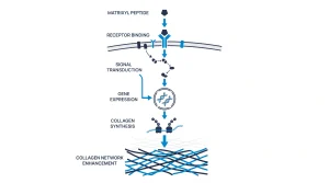 showing how a Matrixyl peptide signals a skin cell to produce more collagen fibers in the cell-level protein network.