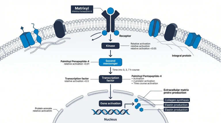 Molecular structure of Palmitoyl Pentapeptide-4 (Matrixyl) on a blue background.