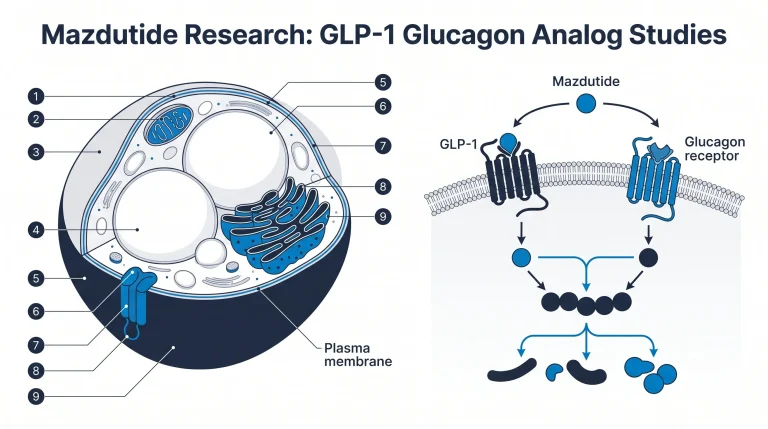 A diagram showing the dual-agonist mechanism of Mazdutide on the GLP-1 and Glucagon receptors.