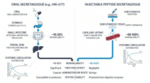 comparing oral secretagogues like MK-677 to injectable peptide secretagogues, showing differences in delivery and absorption.

