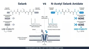 Side-by-side comparison of Selank vs N-Acetyl Selank Amidate showing N-terminus and C-terminus groups, aminopeptidase and carboxypeptidase sensitivity levels, and stability rating, with HPLC and MS verification labels
