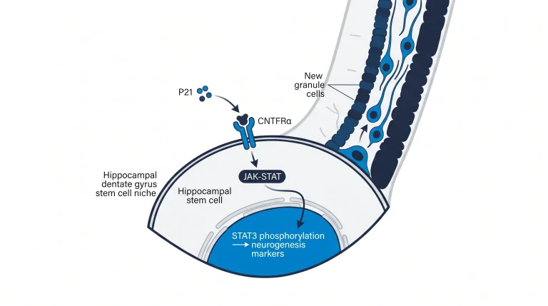 Diagram of CNTFRα receptor on a hippocampal stem cell showing P21 binding and downstream JAK-STAT activation, with labeled pathway nodes on a white background