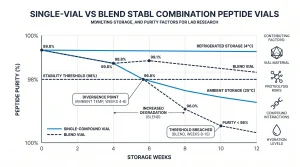 Comparison of single-compound vs. blend peptide vial shelf life over time, showing key storage and purity factors for lab research