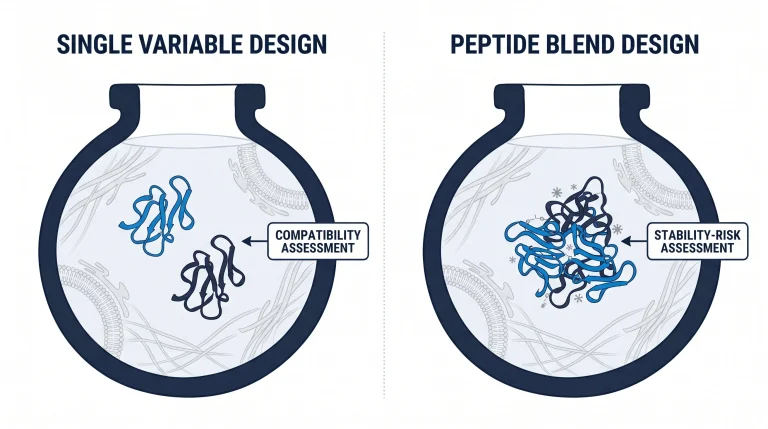 A diagram showing a single vial with one type of molecule versus a blend vial with many types of chains, showing single vs. many research variables.