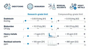 showing the four main types of peptide contaminants: endotoxins, bioburden, residual solvents, and heavy metals, each with a representative icon.