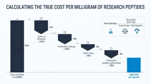 showing the formula for calculating the true cost per milligram of a research peptide, factoring in purity and net weight.