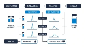 Side-by-side diagram showing purity decline over successive freeze-thaw cycles for aliquoted vs non-aliquoted peptide samples, with HPLC chromatogram peak comparison
