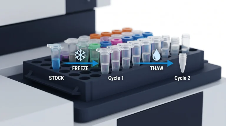A laboratory freezer containing labeled peptide vials, illustrating the concept of peptide freeze-thaw storage and the importance of aliquoting