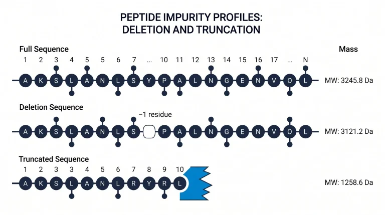 Diagram comparing a full-length peptide (top), a deletion sequence (middle, with a gap), and a truncated sequence (bottom, which ends early).
