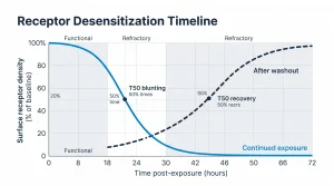 Receptor desensitization timeline: agonist exposure, receptor desensitization stages, washout period, and response recovery in lab models