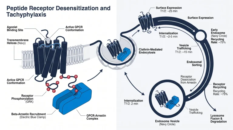 A diagram illustrating the process of peptide receptor desensitization, showing agonist binding, receptor phosphorylation, beta-arrestin recruitment, and receptor internalization.