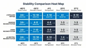 comparing the storage stability of lyophilized vs. reconstituted peptides over time at different temperatures: freezing, refrigeration, and room temperature.