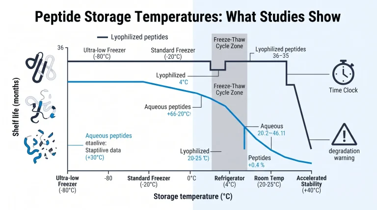 A scientific lab freezer set to -20 degrees Celsius, with trays of vials containing lyophilized peptides.