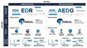 Side-by-side comparison of Pinealon (EDR) vs Epithalon (AEDG) including sequence, amino acid count, tissue source, primary research focus, and standard testing methods (HPLC, mass spec, residue analysis)
