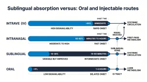 comparing sublingual peptide absorption vs. oral and injectable routes, highlighting key factors like absorption and onset time in research.