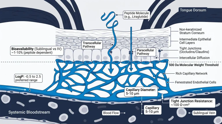 Diagram showing the sublingual absorption pathway of a peptide molecule into the capillaries beneath the tongue.