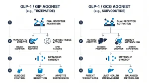 comparing the mechanisms of a GLP-1/GCG agonist like survodutide versus a GLP-1/GIP agonist like tirzepatide.