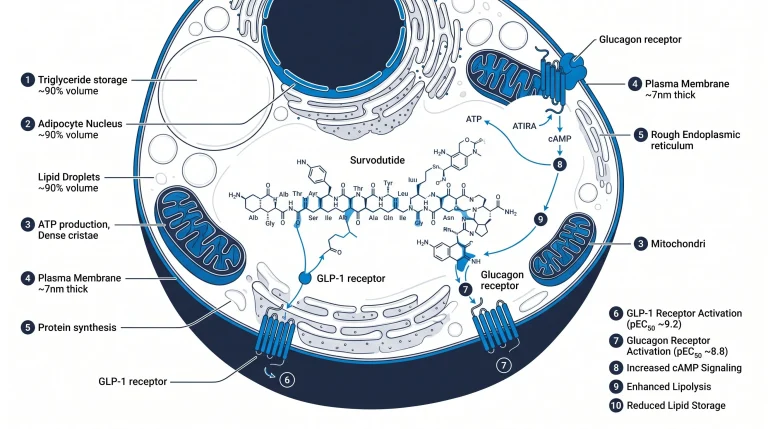 Molecular structure of the survodutide peptide chain against a scientific background.