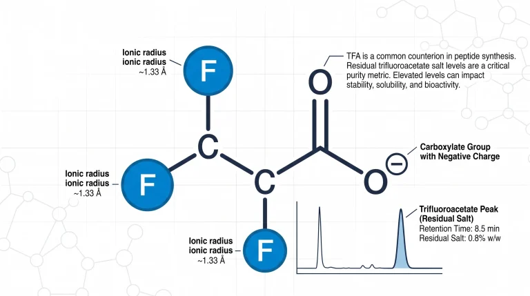 Chemical structure of TFA showing fluorine atoms, and an example ion chromatography trace identifying the trifluoroacetate peak.