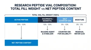 Visual breakdown of total vial fill weight vs net peptide weight, showing the contributions of active peptide, excipients (mannitol), salts, and moisture.