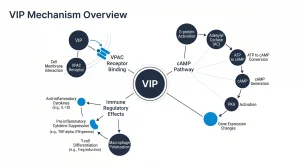 VIP mechanism overview: VPAC receptor binding, cAMP pathway, and immune regulatory effects in laboratory models