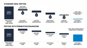 comparing the very low absorption of a standard oral peptide versus a peptide formulated with permeation enhancers.