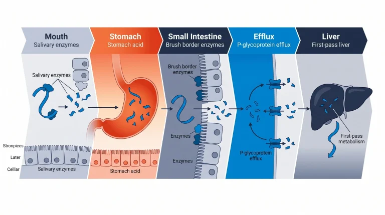 Diagram showing the path of an oral peptide through the digestive system, highlighting points of enzymatic breakdown in the stomach and small intestine.