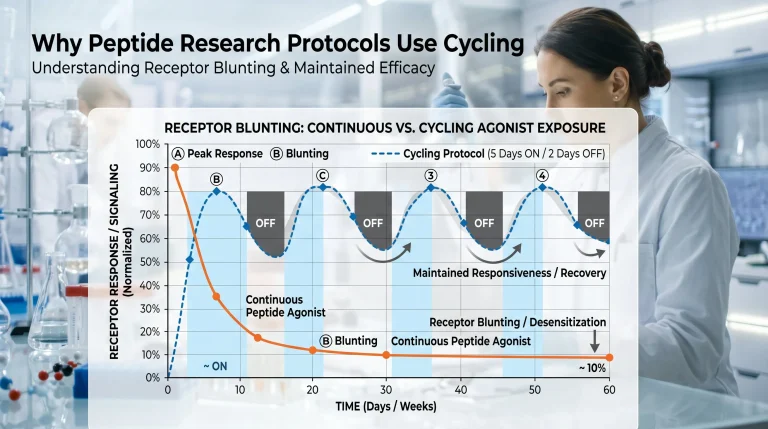 A timeline diagram showing a peptide cycling plan, with active compound use periods alternating with compound-free gaps and receptor response recovery stages.