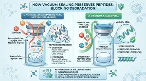 Diagram showing how vacuum sealing blocks oxygen and moisture from entering a peptide vial, preserving the freeze-dried cake and preventing oxidation and hydrolysis.