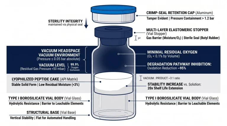 A close-up of a sealed research peptide vial with a blue cap, showing the white, solid freeze-dried cake inside.