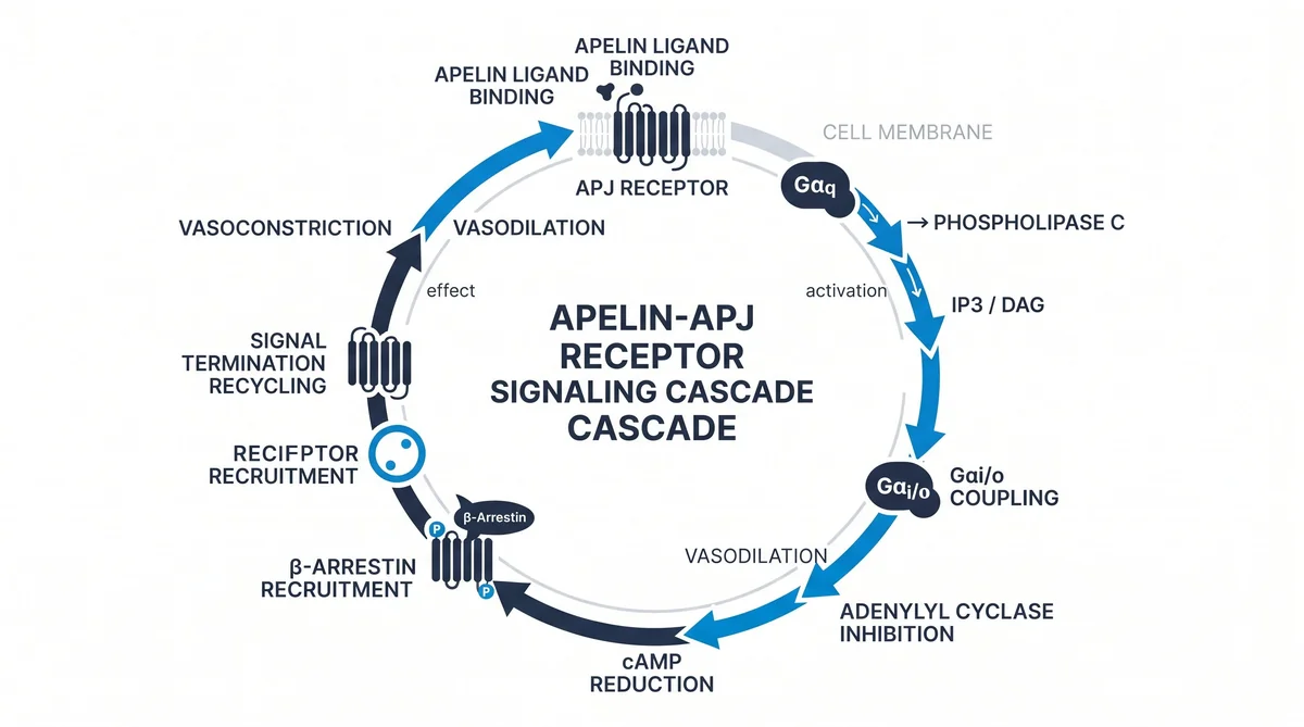 Research infographic showing apelin peptide research: apj receptor mechanism data for laboratory comparison studies