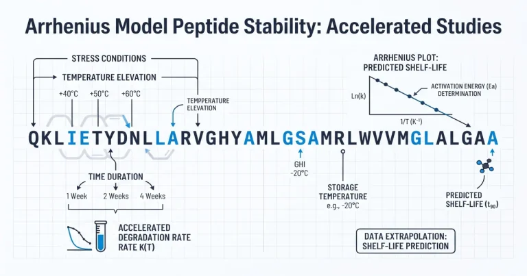 An infographic showing the steps of an Arrhenius accelerated stability study for research peptides, from sample preparation to data extrapolation.