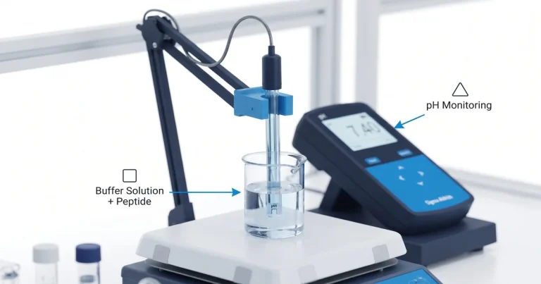 A laboratory technician adjusting the pH meter in a beaker containing a clear solution, representing peptide stability research.