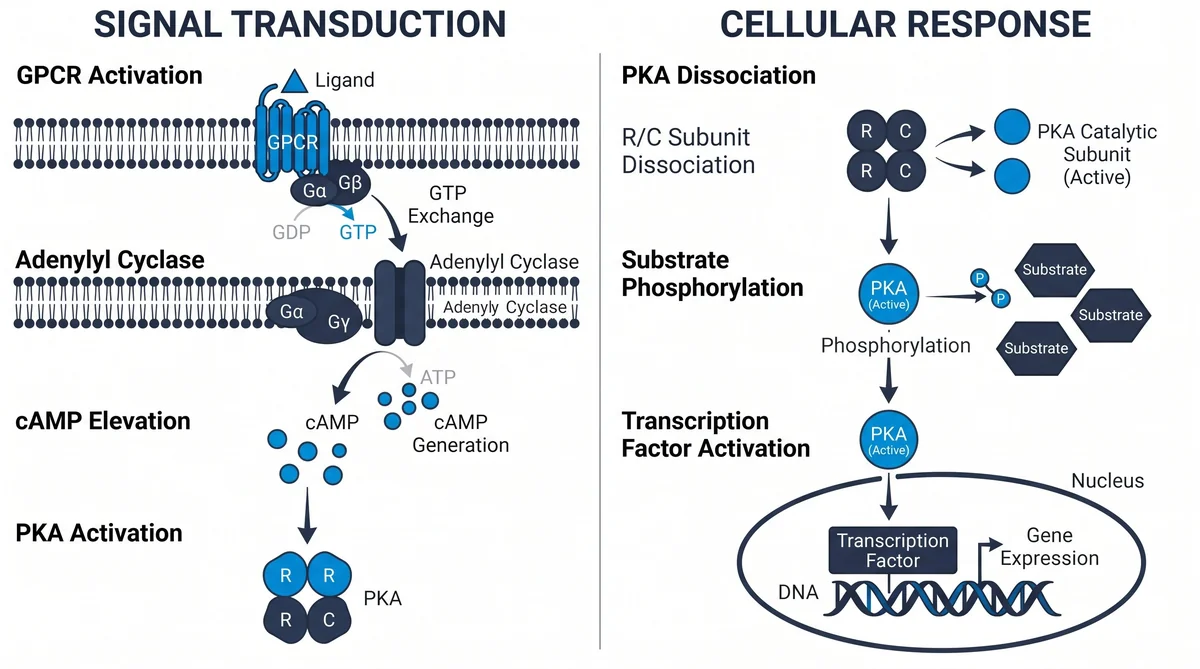 Research infographic showing camp pka pathway peptide research: second messenger data for laboratory comparison studies
