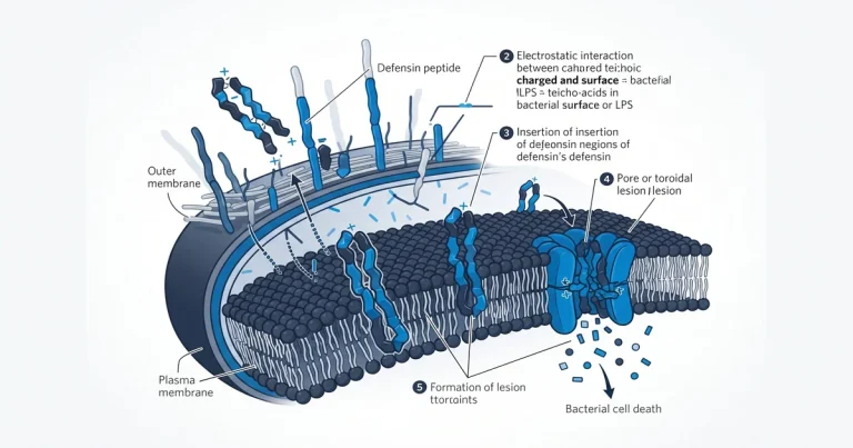 Microscopic view of a defensin peptide interacting with a bacterial cell wall, illustrating membrane disruption.