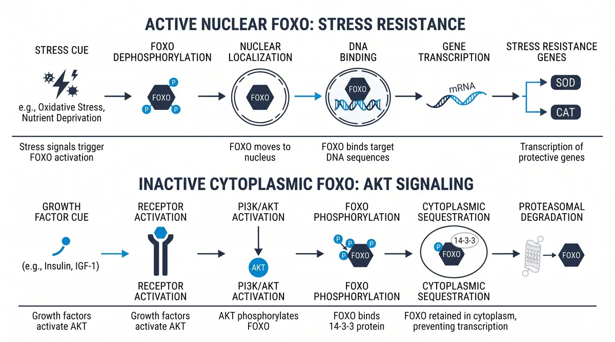 Research infographic showing foxo pathway peptide research: longevity signaling data for laboratory comparison studies
