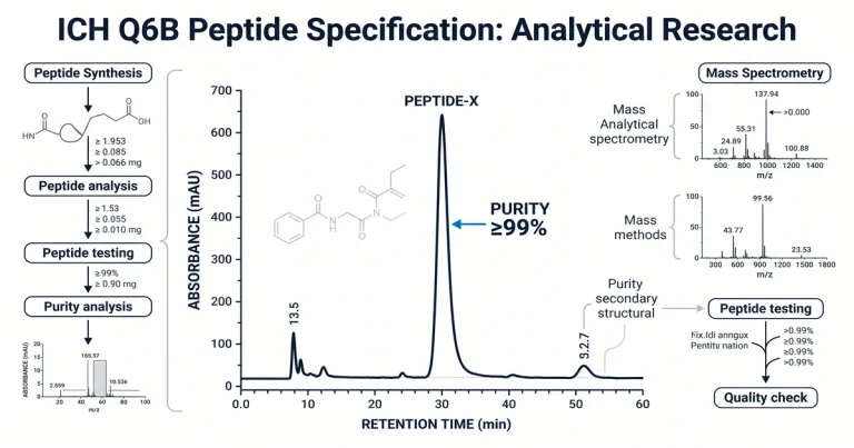 Diagram showing the workflow of peptide testing under ICH Q6B, from synthesis to final quality check.