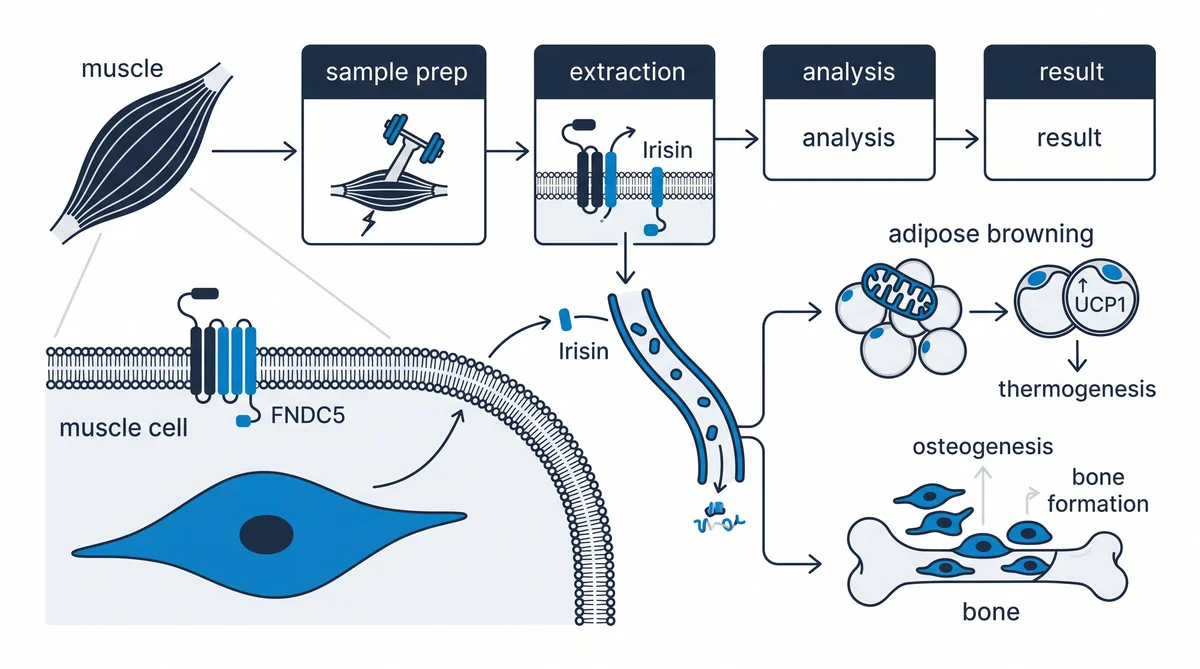 Irisin peptide research FNDC5 signaling pathway infographic