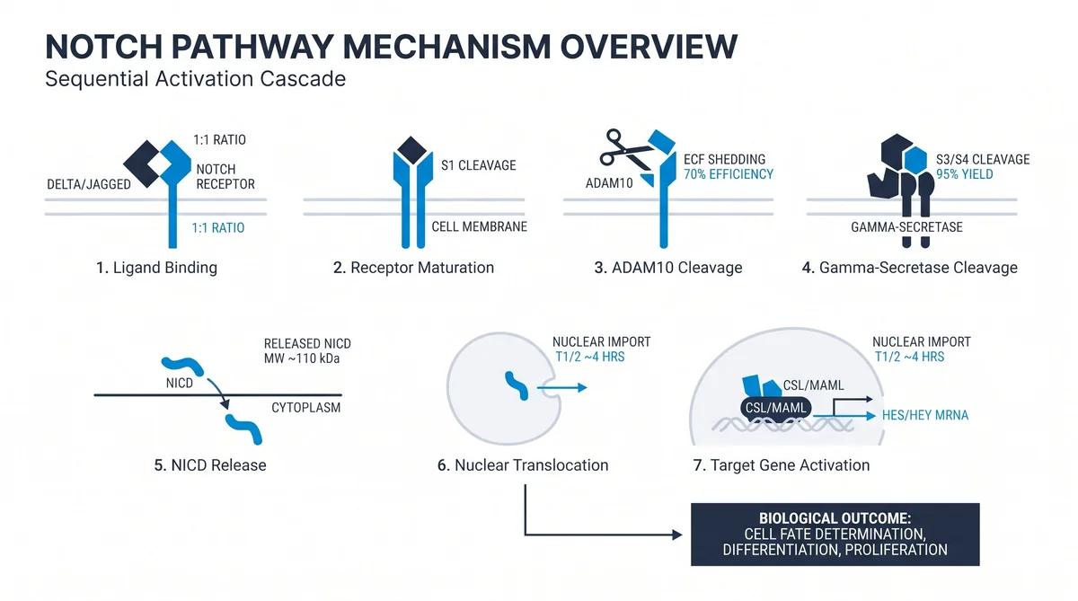 Research infographic showing notch pathway peptide research: cell differentiation data for laboratory comparison studies