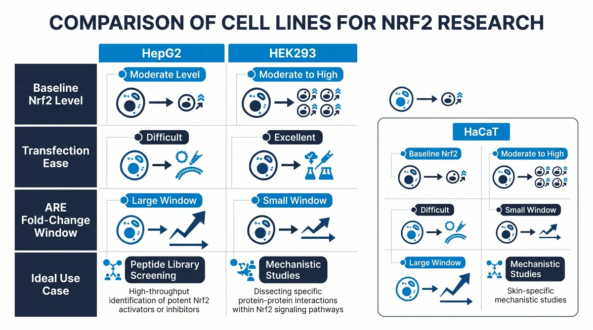 Comparison table of HepG2 HEK293 and HaCaT cell lines for Nrf2 ARE pathway peptide research assays
