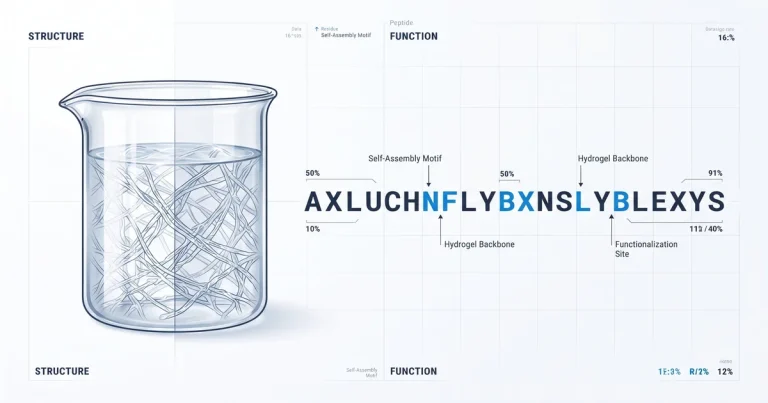 A laboratory beaker showing a transparent peptide hydrogel with a fibrous internal structure, illustrating the subject of formulation research.
