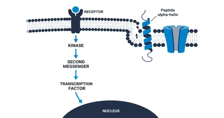 A diagram showing a peptide alpha-helix inserting into a lipid bilayer, illustrating a pore formation mechanism.
