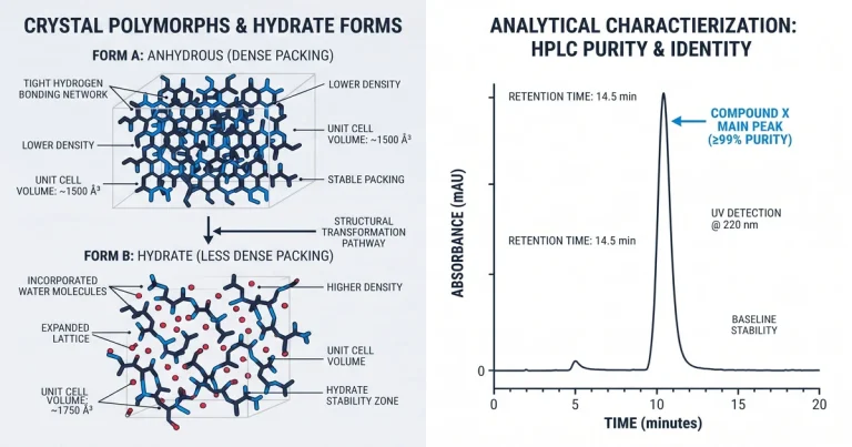 Diagram showing two different crystal polymorphs of a peptide molecule, one tightly packed and one less dense.