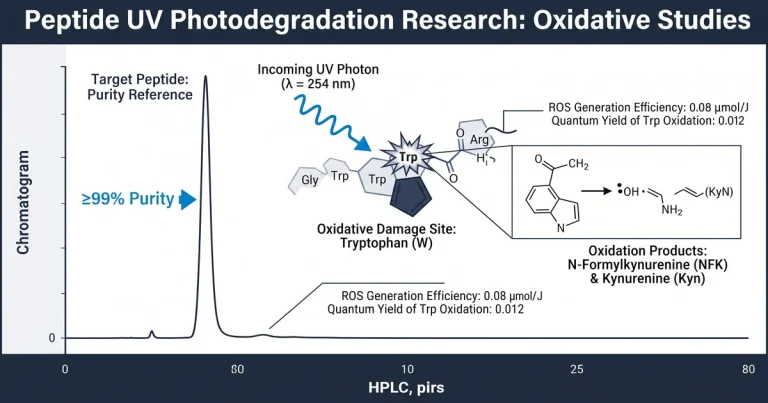 Diagram showing a UV photon striking a peptide chain, causing oxidative damage to an aromatic amino acid residue.