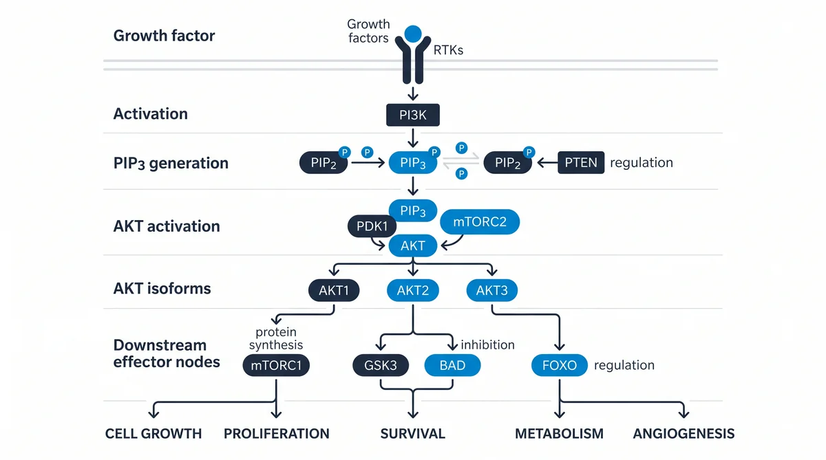 Research infographic showing pi3k akt pathway peptide research: signaling studies data for laboratory comparison studies