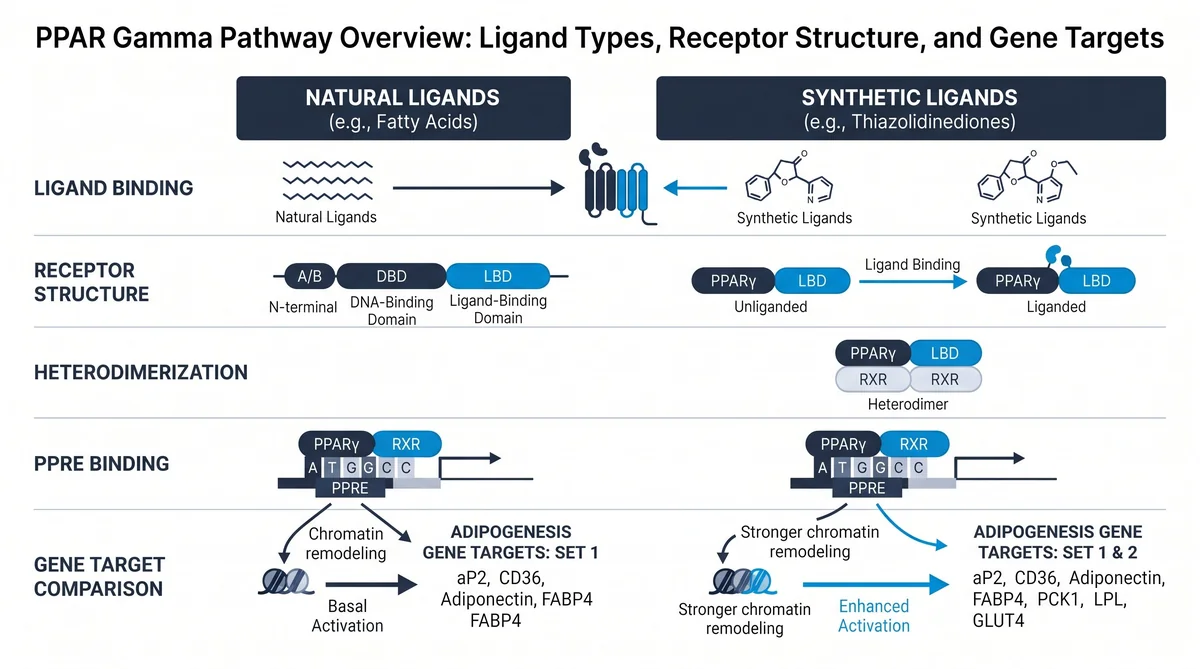 PPAR gamma pathway peptide research nuclear receptor infographic comparing PPAR gamma, PPAR alpha, and PPAR delta signaling in cell models