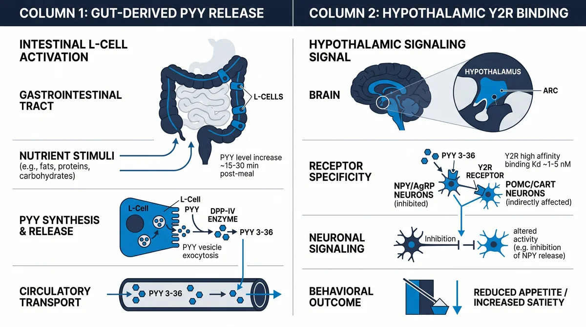 Research infographic showing pyy 3-36 peptide research: satiety neuropeptide data for laboratory comparison studies