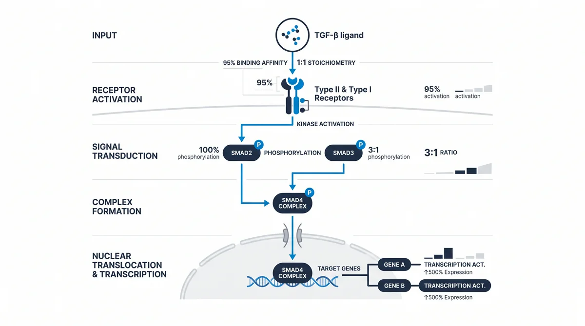 Research infographic showing tgf-beta smad pathway peptide research: signaling data for laboratory comparison studies