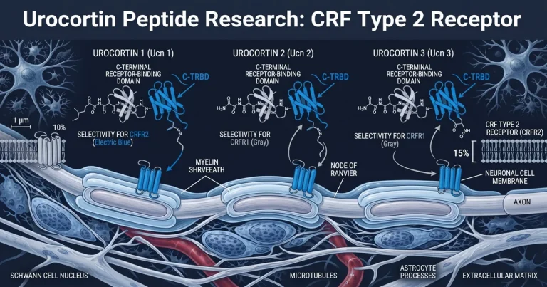 Molecular diagram showing urocortin 1, 2, and 3 peptide structures side by side with labeled C-terminal receptor-binding domains, color-coded for CRFR1 and CRFR2 selectivity, on a dark navy background with white annotation text.